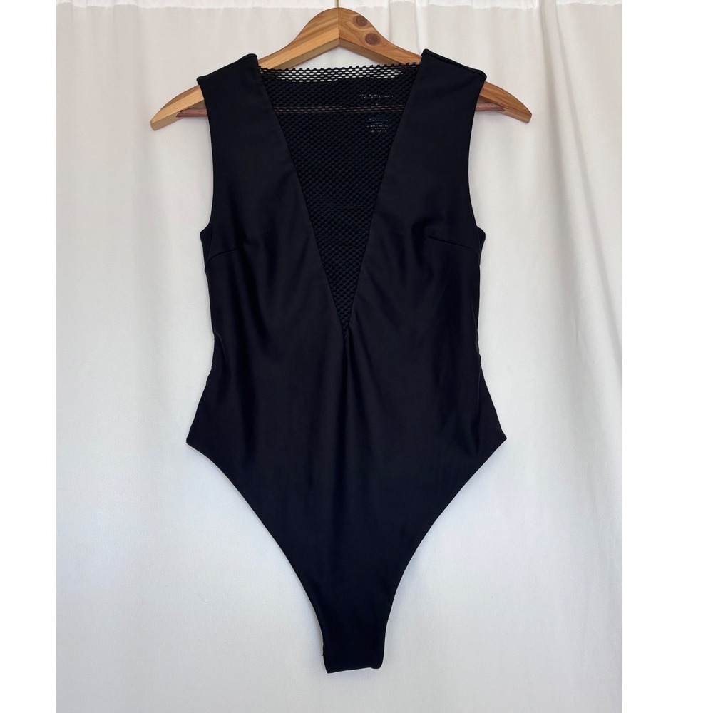Carbon38 Womens Black Mesh V-Neck Sleeveless Thong Bodysuit Size S Bodycon